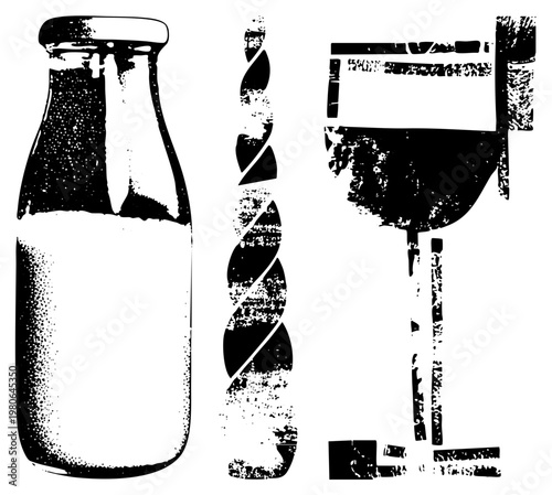 Retro halftone illustration of milk bottle, twisted straw, and wine glass, graphic, stylized beverage set, isolated vector elements.