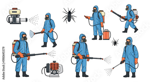 Professional pest control team wearing protective blue suits and masks using specialized sprayers to eliminate insects and spiders.