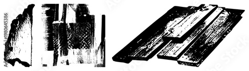 Stylized wood planks with grain texture, fragmented stone shapes, halftone vector art, black and white graphic, isolated design elements.