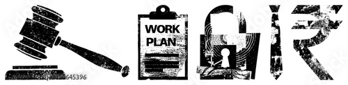 Four symbols gavel, work plan clipboard, padlock, rupee sign, all in gritty texture, legal, business, finance, security themes.