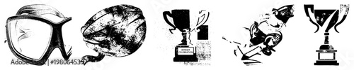 Trophy celebrating win, sports gear, victory symbols, athletic achievement, competitive success, winner celebration, stylized sports equipment.