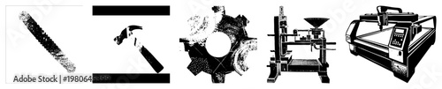 Black and white vector of industrial tools and machinery saw blade, hammer, gear, press, CNC router, all isolated with halftone texture, flat style design.