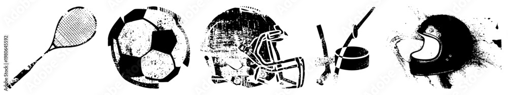 Obraz premium Classic athletic equipment rendered in halftone style, sports gear symbols, team sport essentials, retro graphic design, black and white vector set.