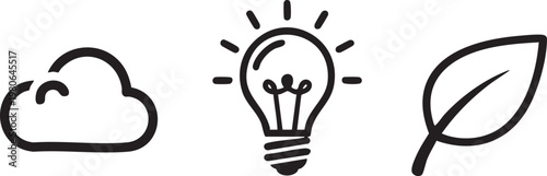 Eco friendly icons, cloud, light bulb, leaf, sustainable symbols, black line art, vector graphics
