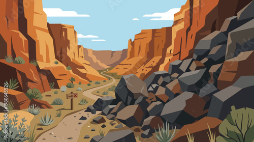 Rocky canyon trail with directional sign and sparse desert vegetation illustration