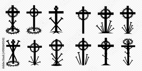 Set of Christian crosses with nails and crown of thorns, religious symbols of crucifixion and suffering.
