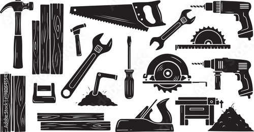Collection of various carpentry tools and equipment illustration set
