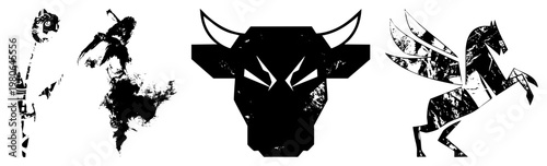 Geometrically fragmented mythological figures, stylized bull head, winged horse, warrior silhouette, graphic vector art, bold design.