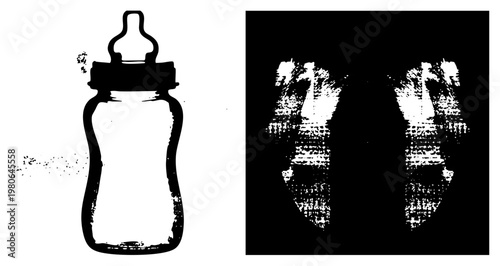 Infant feeding bottle, nursing bottle graphic, baby feeding container, minimalist vector, distressed edge, halftone texture, isolated cutout.
