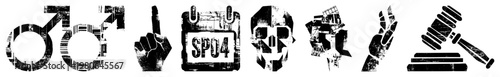 Distressed male/female symbols, raised fist, calendar with "SP04", skull, protest signs, peace hand, gavel gritty vector for activism or social themes.