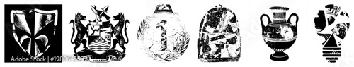 Historical emblems and broken rendered in bold black vector art, shields, ancient vases, stylized fragments, design, symbolic motifs.