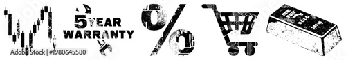 vector featuring candlestick chart, 5 year warranty text, percentage symbol, shopping cart, and gold bar, all in distressed black and white with textured.