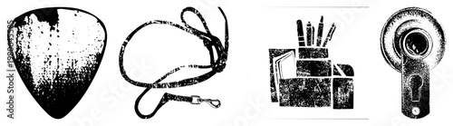 Grunge style vector guitar pick, leash, pencil case, door knob distressed textures,, isolated graphic elements.