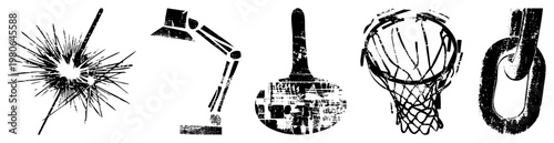 Set of five vector spark explosion, adjustable desk lamp, paintbrush, basketball hoop with net, heavy duty chain. Isolated, cutout, rgba.