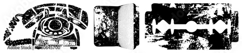 Retro rotary phone with coiled cord, pocket knife with textured grip, razor blade with serrated edge, all in gritty halftone style.