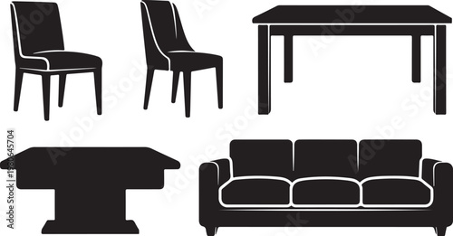Furniture icons set including sofa, table and chairs silhouette