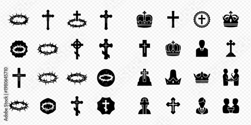 Collection of Christian religious symbols including crosses, crowns of thorns, and other spiritual icons.