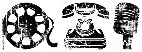 Classic analog symbols film reel, rotary telephone, vintage microphone, vector, retro tech, communication tools, nostalgic design.