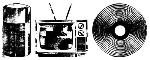Distressed black and white vector cylindrical battery, old TV with dials and antennas, spiral. Retro tech symbols, halftone texture, isolated elements for design.