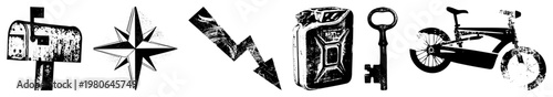 Set of classic symbols mailbox, compass, lightning bolt, gas can, key, bicycle, all in gritty vector style. Isolated objects for design or branding.