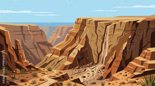Grand canyon vista with cascading waterfall and rugged rock formations illustration