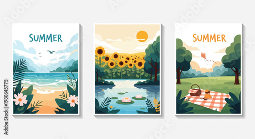 Set of 3 Flat Design Summer Landscape Illustrations with Beach, Lake, and Picnic Scenes