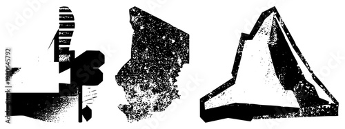 Three stylized abstract forms with halftone grain, sharp vector edges, and fragmented silhouettes, minimalist design, graphic art elements.