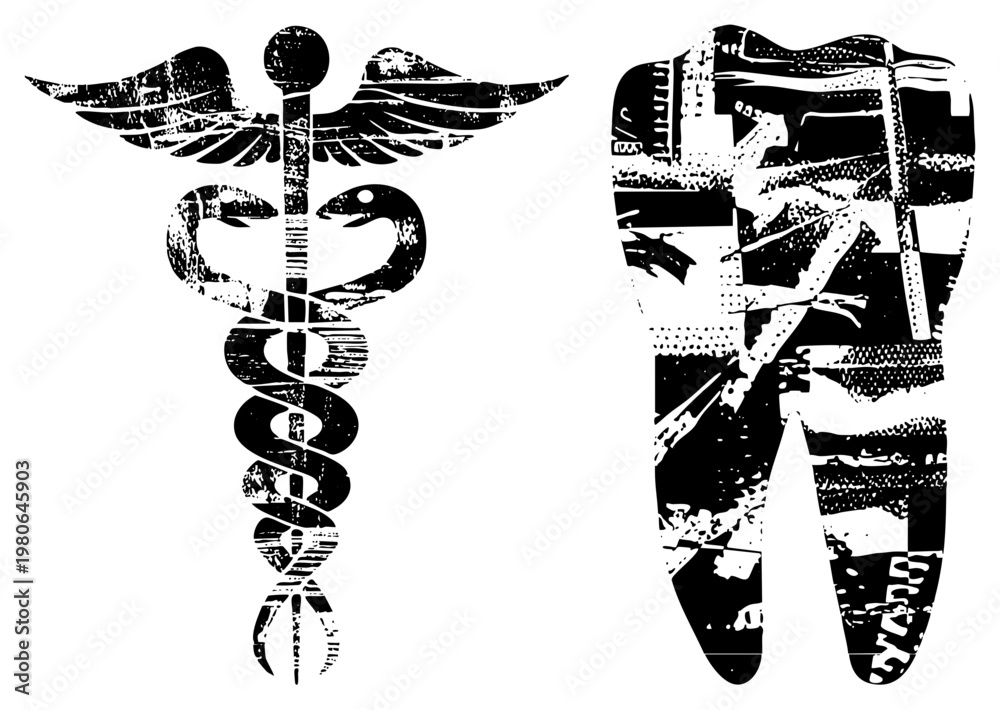 Naklejka premium Stylized caduceus medical symbol and tooth with distressed texture, healthcare, black and white vector design, medical emblem, dental graphic.