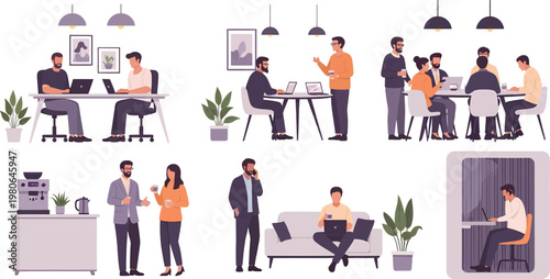 A compilation of six dynamic illustrations depicting professionals collaborating and working in various modern office and casual business settings.