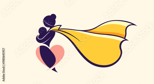 Super Mom Concept - Motherhood Heroism symbol with child and cape