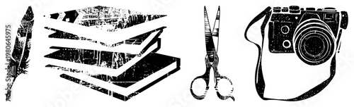 Classic creative tools including feather quill pen, stacked books, scissors, and vintage film camera, vector illustration, artistic design elements.