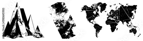 Triangular mountain peaks rendered in black and white, halftone texture overlay, graphic design element, vector art, minimalist landscape, isolated terrain, stylized topography.