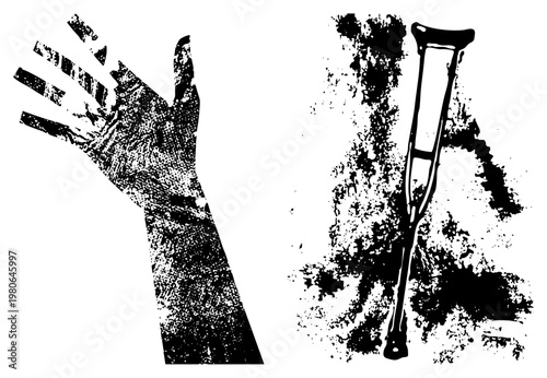 Hand reaching upward beside crutches, recovery symbol, mobility aid, rehabilitation gesture, black and white halftone graphic, medical illustration, patient support.