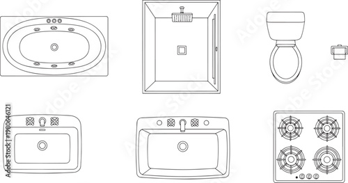Technical drawing of bathroom and kitchen fixtures.