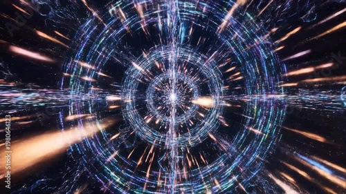 Futuristic digital data stream through tunnel