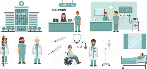 A comprehensive collection of hospital buildings, medical staff, and healthcare equipment illustrations.
