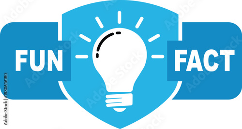 Bright blue shield with illuminated light bulb enclosing fun fact labels illuminated symbol