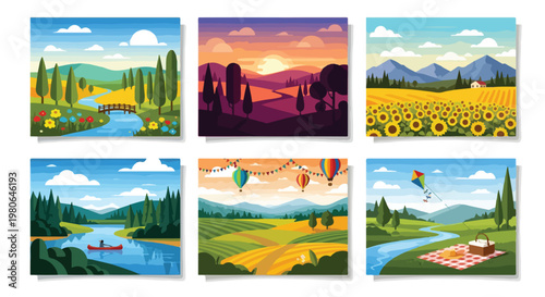 Set of 6 Flat Design Landscape Vector Illustrations