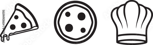 Food icons, pizza, cookie, chef hat, black and white, vector graphics, restaurant symbols, culinary illustrations