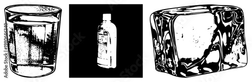 Halftone vector illustration of a glass tumbler filled with water, a medicine bottle, and an ice cube., textured, isolated objects. Water vessel, coolant, container.
