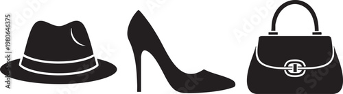 Fashion icons, accessories set, black silhouette, vector graphics, hat, high heel, handbag