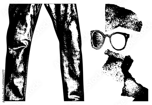 Vintage styled man with beard and round glasses, paired with worn denim, halftone texture, urban fashion, graphic vector cutout.