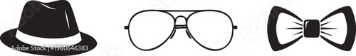 Vintage accessories, hat, glasses, bow tie, black and white icons, vector graphics