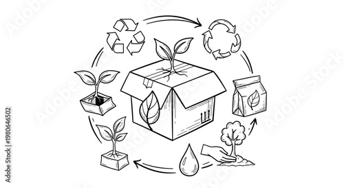 Sustainable living concept with eco friendly symbols around a house