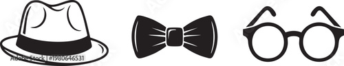 Fashion accessories icons, hat, bow tie, glasses, black and white vector set