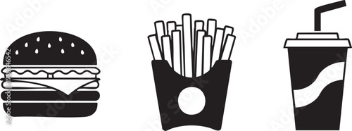 Fast food icons, burger, fries, soda, black and white vector graphics