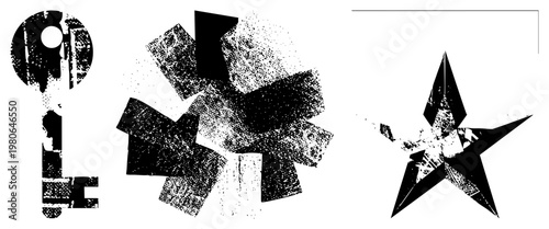 Black and white graphic design featuring key, star, and fragmented forms with grainy texture, halftone dots, and distressed edges, vector art, isolated elements.