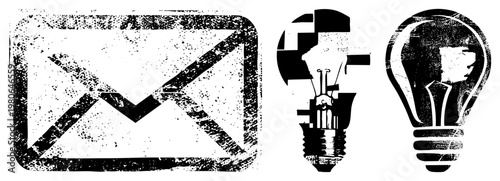 Retro styled email envelope and lightbulb with distressed texture, communication symbols, visuals, graphic design elements, black and white vector art.