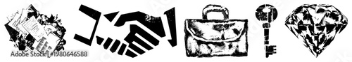 Business themed vector symbols including handshake, briefcase, key, diamond, and documents, rendered in halftone style, ideal for corporate branding or financial themes.