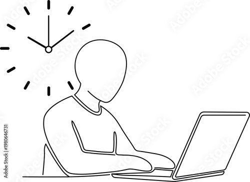 Silhouetted person working late with monochromatic clock and laptop display monochrome